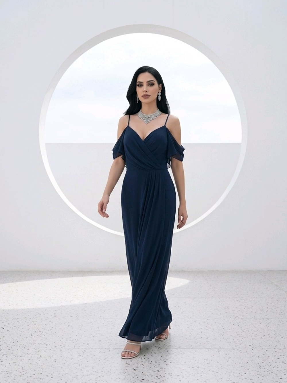 Watters & Watters Navy Chiffon Cold-Shoulder Aldridge Maxi Dress SZ 14
